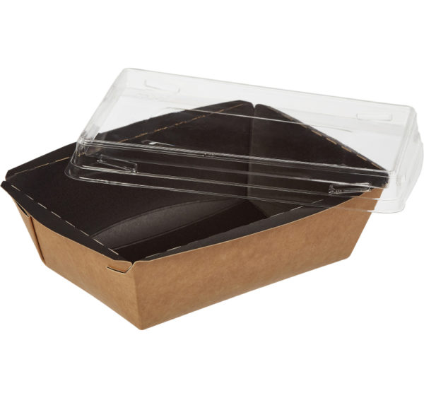 Papirnata posuda s poklopcem Crystal Box 400 ml 145x95x45 mm, crna/kraft z ravnim dnom (50 kom/pak)