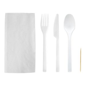 Komplet “5 bijeli” Bio: vilica, nož, žlica, čačkalica, salveta (10 kom/pak)