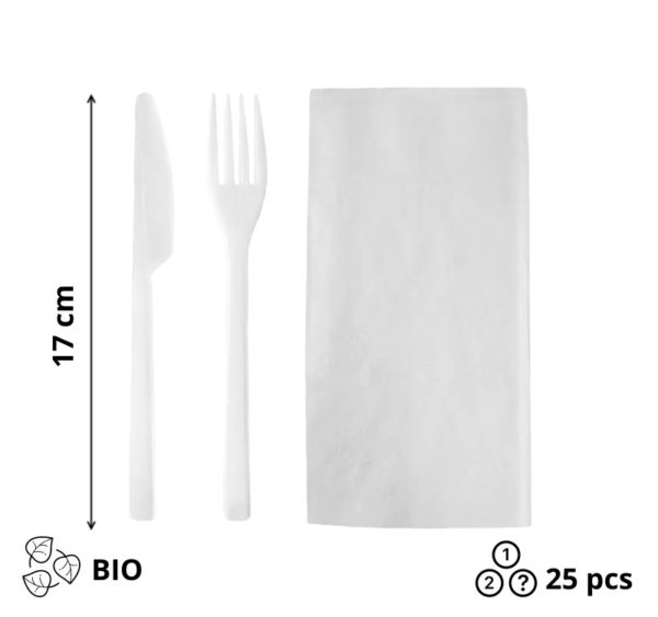 Komplet 3 bijeli Bio vilica, nož, salveta 25 kom
