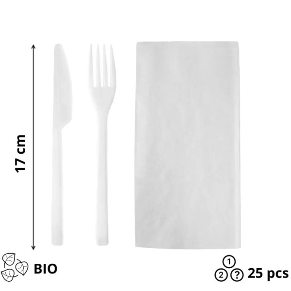 Komplet 3 bijeli Bio vilica, nož, salveta 25 kom