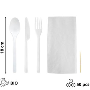 Komplet 5 bijeli Bio: vilica, nož, žlica, čačkalica, salveta 50 kom