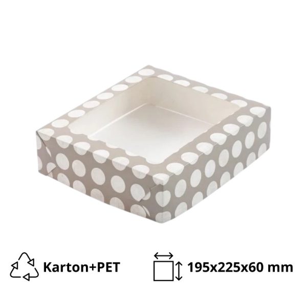 Kutija za desert s prozorom 195х225х60 mm, sive točkice (poklopac+dno), 20 kom, komplet