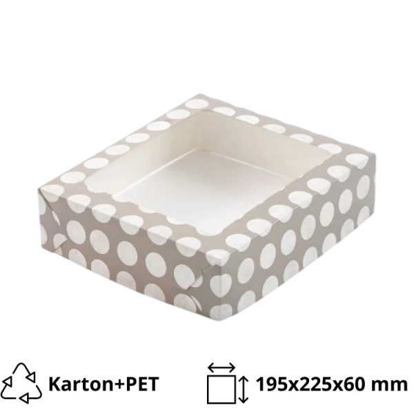 Kutija za desert s prozorom 195х225х60 mm, sive točkice (poklopac+dno), 20 kom, komplet