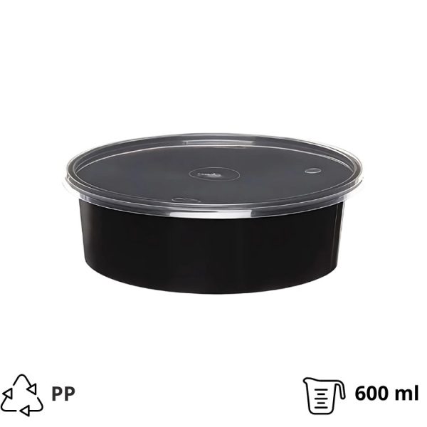 Posuda PP 600 ml d=145 mm h=46 mm crna s poklopcem [50 kom/pak]