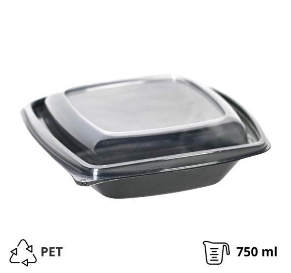 Posuda PET za poklopcem 750 ml 185x185x45 črna, 50 kom (komplet)