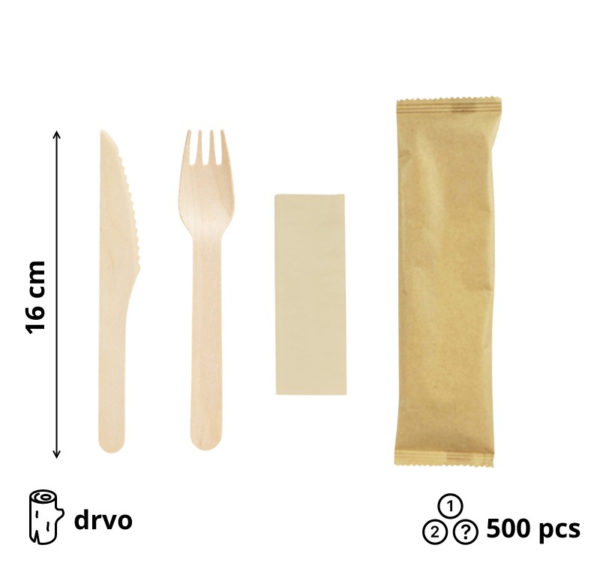 Komplet 3 drveni (vilica, nož, servieta) 16cm 500 kom