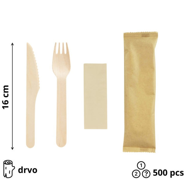 Komplet 3 drveni (vilica, nož, servieta) 16cm 500 kom