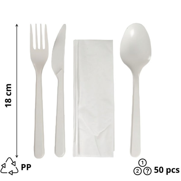 Komplet 4 bijeli PP (vilica, nož, žlica, salveta) 18 сm 50 kom