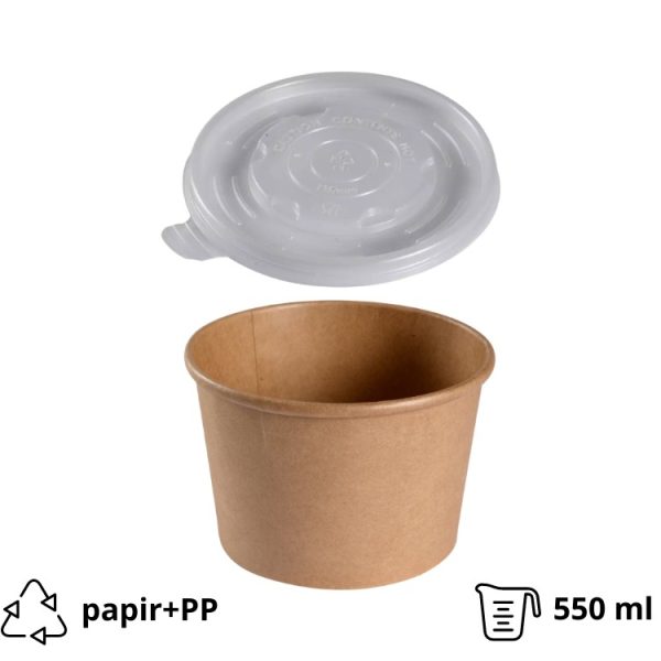 Posuda papirnata 550 ml d=115 mm h=77 mm, kraft, za poklopcem, 50 kom (komplet)