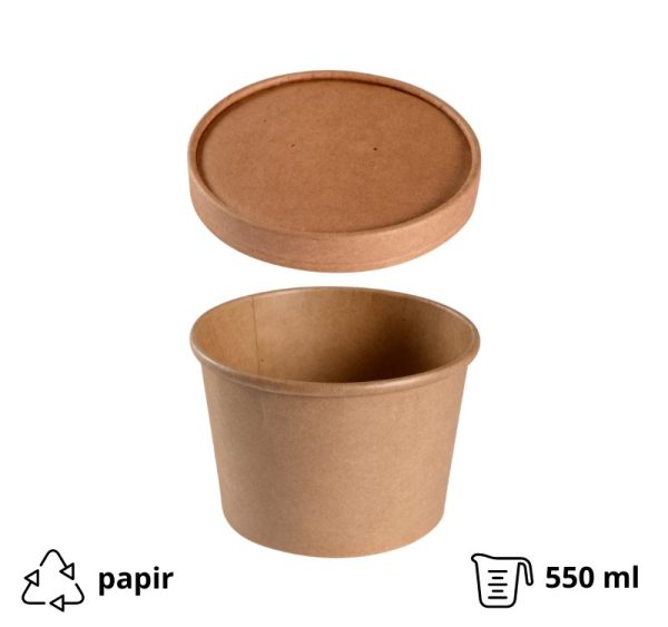 Posuda papirnata 550 ml d=115 mm h=77 mm, kraft, za poklopcem, 50 kom (komplet)