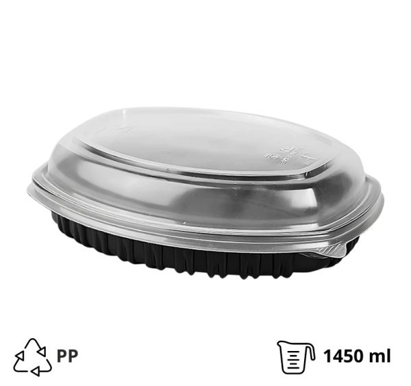 Posuda PP 1450 ml 257х202×37 mm crna, za poklopcem, 70 kom (komplet)