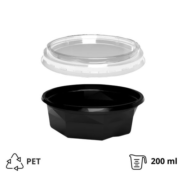 Posuda PET 200 ml d=116 mm h=38 mm crna za poklopcem, 100 kom (komplet)