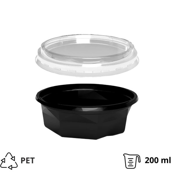 Posuda PET 200 ml d=116 mm h=38 mm crna za poklopcem, 100 kom (komplet)