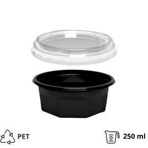 Posuda PET 250 ml d=116 mm h=45 mm crna za poklopcem, 100 kom (komplet)