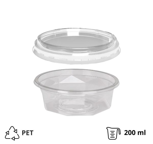 Posuda PET 200 ml d=116 mm h=38 mm prozirna za poklopcem, 100 kom (komplet)