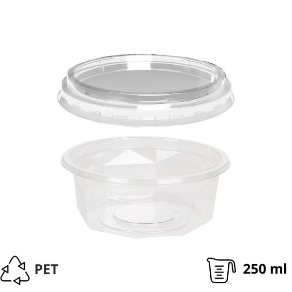 Posuda PET 250 ml d=116 mm h=45 mm prozirna za poklopcem,100 kom (komplet)