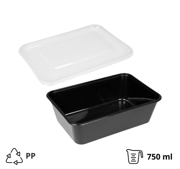 Posuda PP 750 ml 170х115х55 mm crna za poklopcem, 50 kom (komplet)