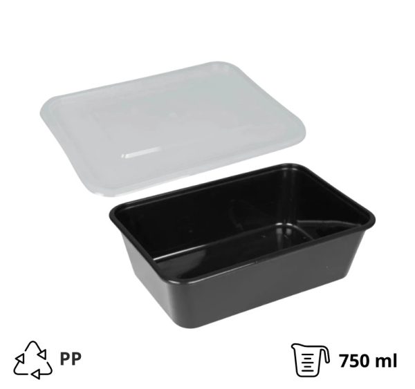 Posuda PP 750 ml 170х115х55 mm crna za poklopcem, 50 kom (komplet)