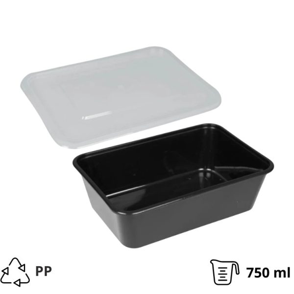 Posuda PP 750 ml 170х115х55 mm crna za poklopcem, 50 kom (komplet)