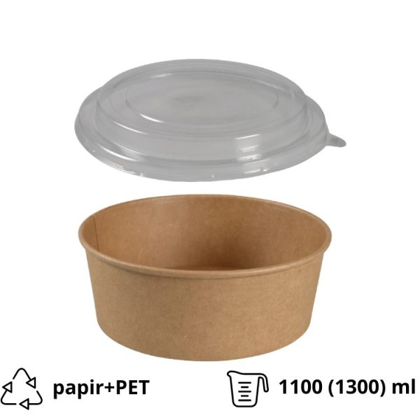 Posoda papirnata 1100 (1300) ml d=190 mm h=66 mm, kraft, za poklopcem, 50 kom (komplet)