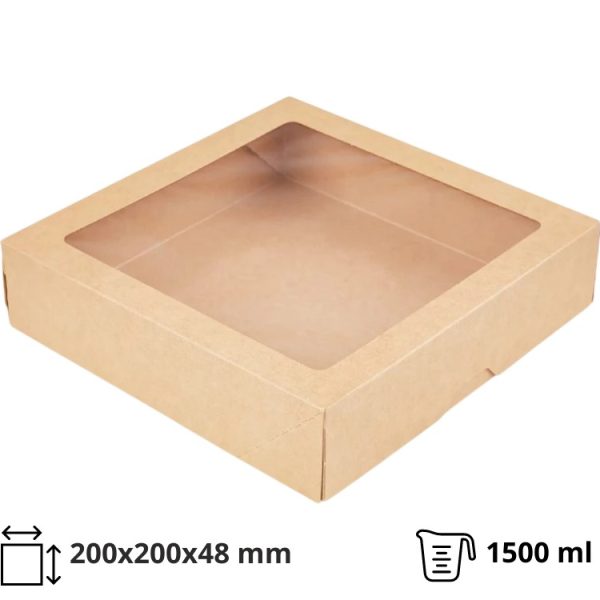 Papirnata posuda s prozorom OneBox 1500 ml 200x200x48 mm kraft [25 kom/pak]