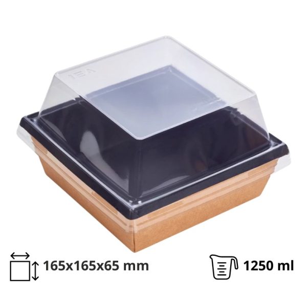 Papirnata posuda 1250 ml kraft/crna 165×165 mm, h=65 mm, za poklopcem, 50 kom (komplet)