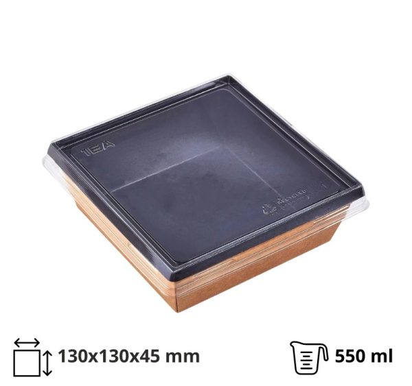 Papirnata posuda 550 ml OneClick kraft/crna 130×130 mm, h=45 mm s pokrovom, 50 kom (komplet)