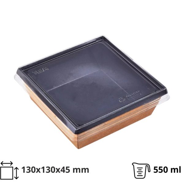 Papirnata posuda 550 ml OneClick kraft/crna 130×130 mm, h=45 mm s pokrovom, 50 kom (komplet)