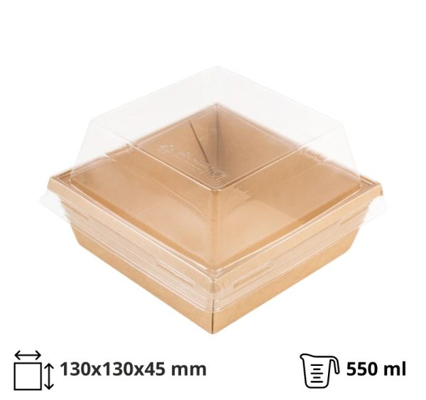Papirnata posuda 550 ml OneClick kraft 130×130 mm, h=45 mm s pokrovom, 50 kom (komplet)