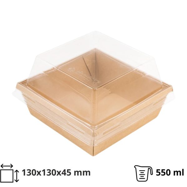 Papirnata posuda 550 ml OneClick kraft 130×130 mm, h=45 mm s pokrovom, 50 kom (komplet)