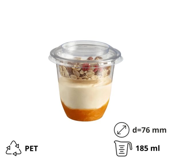 Posudica PET 185ml d=76mm h=72mm prozirna za deserte/voće/salatu za poklopcem (komplet)