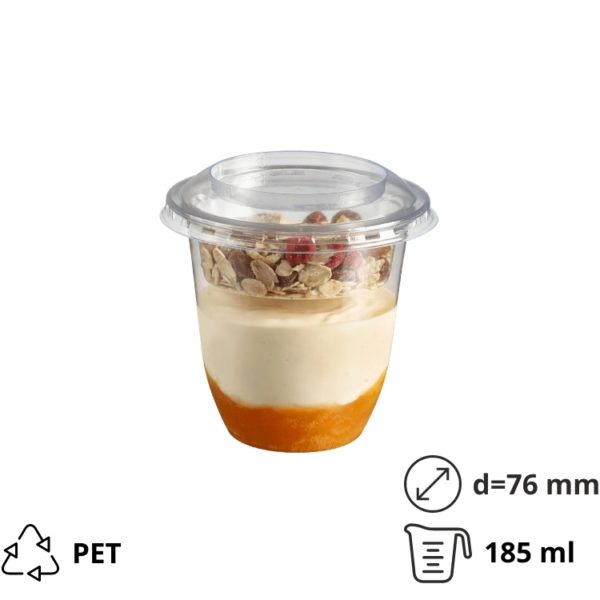 Posudica PET 185ml d=76mm h=72mm prozirna za deserte/voće/salatu za poklopcem (komplet)