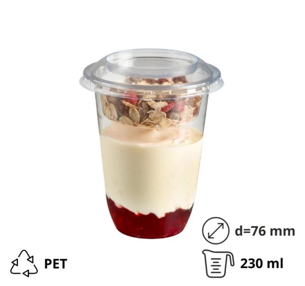 Posudica PET 230ml d=76mm h=93mm prozirna za deserte/voće/salatu za poklopcem (komplet)