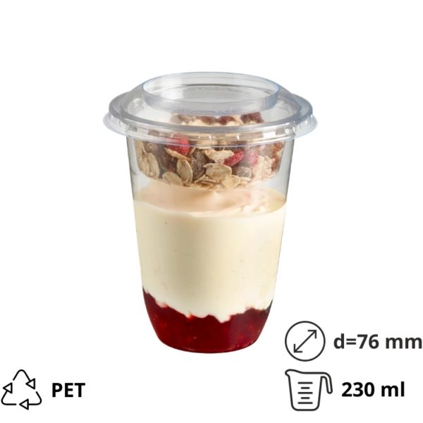 Posudica PET 230ml d=76mm h=93mm prozirna za deserte/voće/salatu za poklopcem (komplet)
