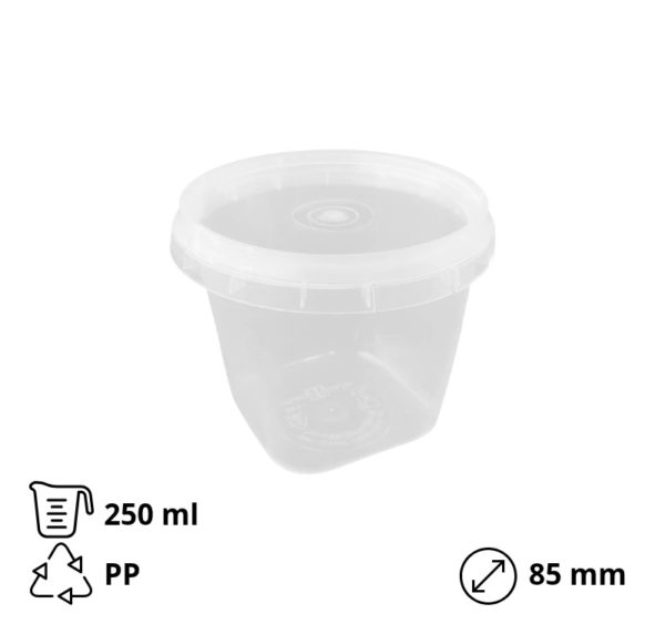 Posuda PP 250 ml d=85 mm prozirna, sa poklopcem (komplet)