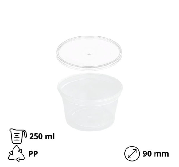 Posuda PP 250 ml d=90 mm prozirna, sa poklopcem, 50 kom (komplet)