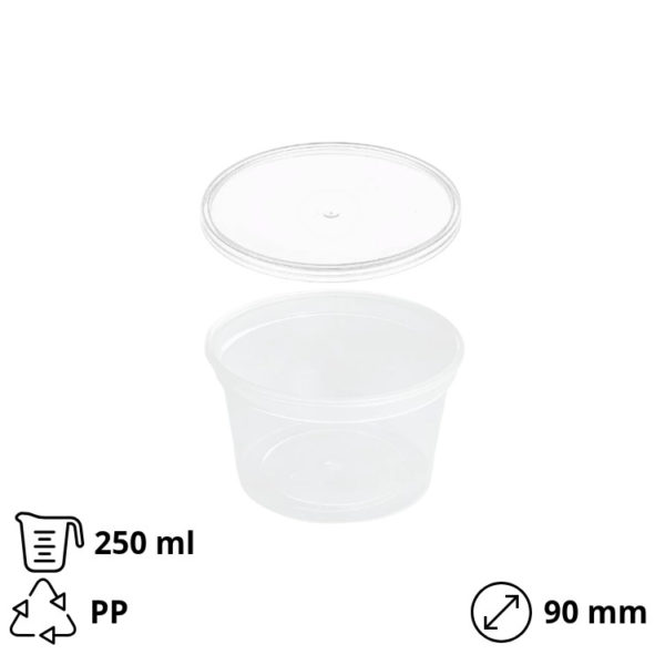 Posuda PP 250 ml d=90 mm prozirna, sa poklopcem, 50 kom (komplet)