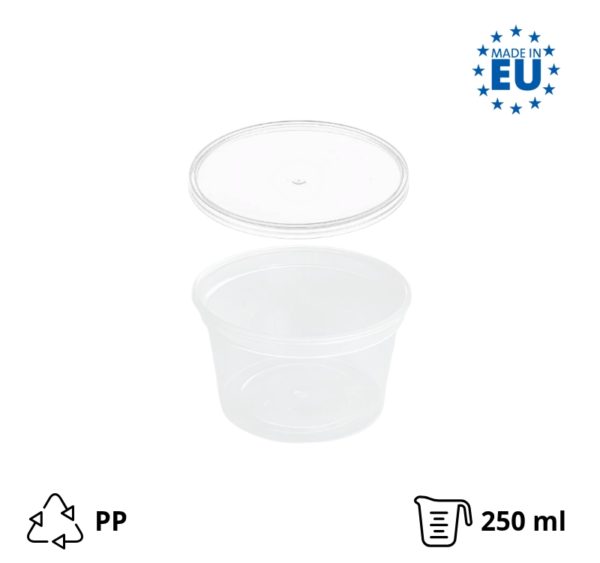 Posuda PP 250 ml d=90 mm prozirna, sa poklopcem, 50 kom (komplet)