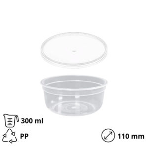Posuda PP 300 ml d=90 mm prozirna, sa poklopcem, 150 kom (komplet)