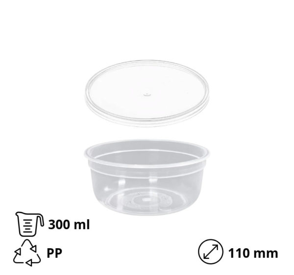 Posuda PP 300 ml d=90 mm prozirna, sa poklopcem, 150 kom (komplet)