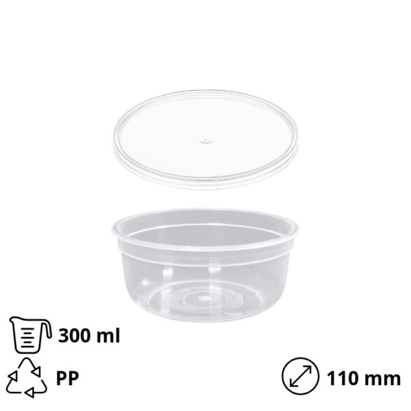Posuda PP 300 ml d=90 mm prozirna, sa poklopcem, 150 kom (komplet)
