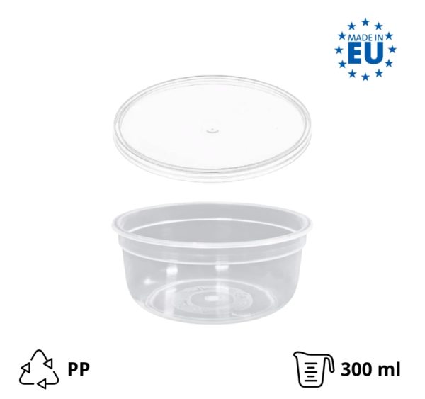 Posuda PP 300 ml d=90 mm prozirna, sa poklopcem, 150 kom (komplet)