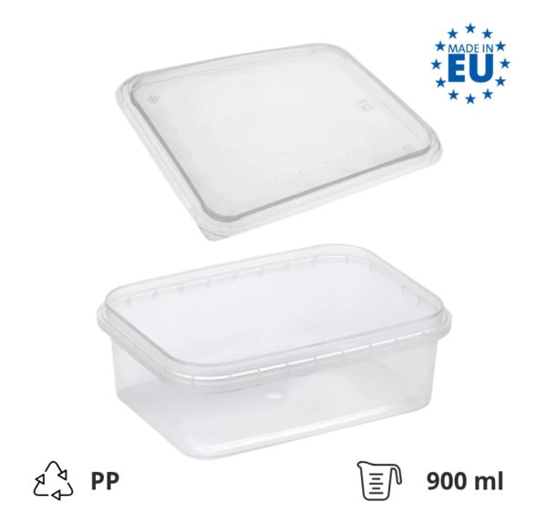 Posuda PP 900 ml 195×127 mm prozirna, sa poklopcem (komplet)
