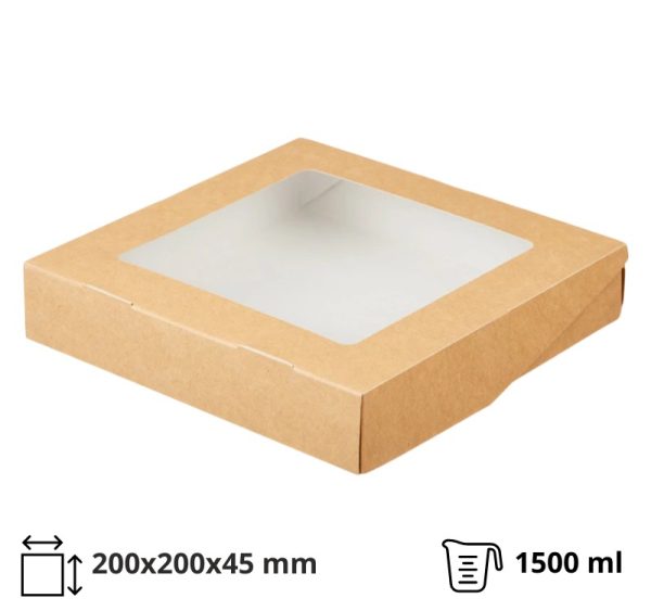 Papirnata posuda s prozorom ECO TABOX 1500 ml 200x200x45 mm kraft 25 kom