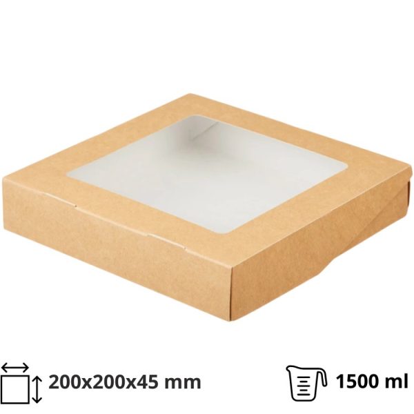 Papirnata posuda s prozorom ECO TABOX 1500 ml 200x200x45 mm kraft 25 kom