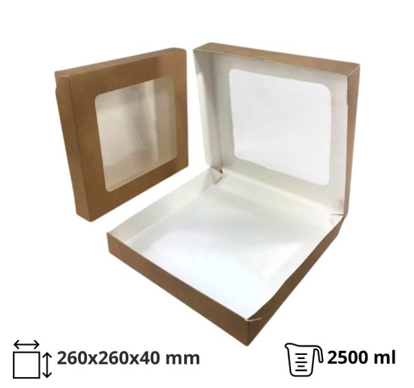 Papirnata posuda s prozorom ECO TABOX 2500 ml 260x260x40 mm kraft 50 kom