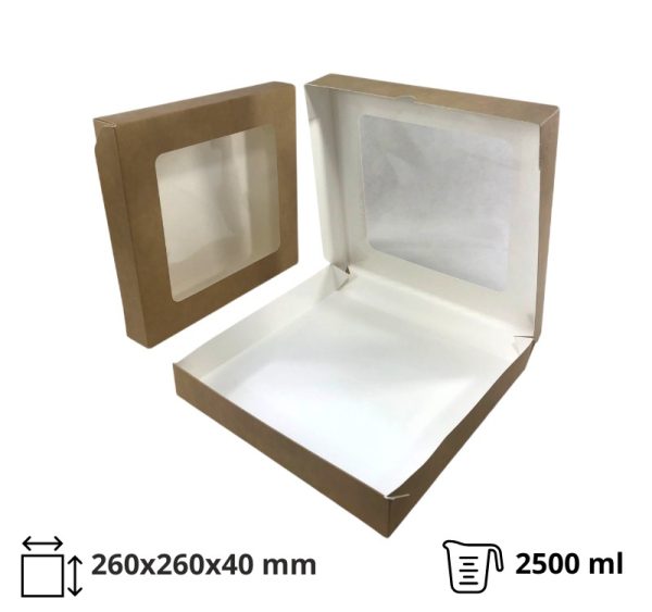 Papirnata posuda s prozorom ECO TABOX 2500 ml 260x260x40 mm kraft 50 kom