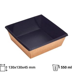 Papirnata posuda 550 ml OneClick kraft/crna 130×130 mm, h=45 mm s pokrovom, 50 kom (komplet)