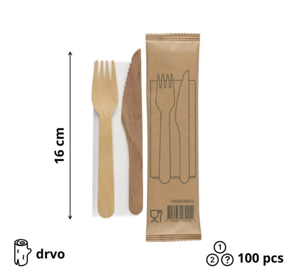 Komplet 3 drveni (vilica, nož, servieta) 100 kom