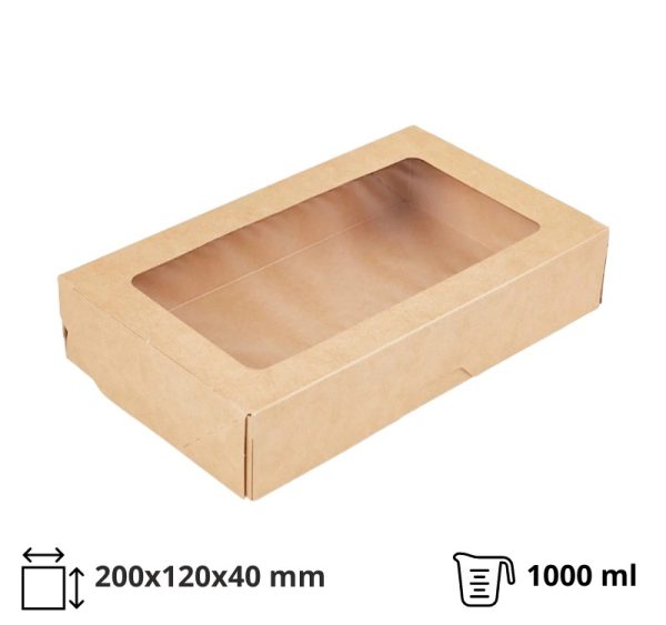 Papirnata posuda s prozorom OneBox 1000 ml 200x120x40 mm kraft 25 kom